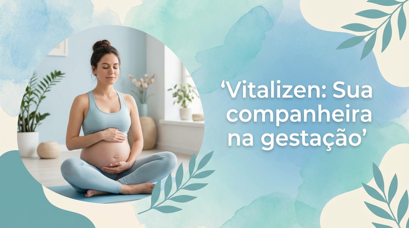 Gestante praticando yoga com o app yoga meditação gestante 2026 Vitalizen em casa