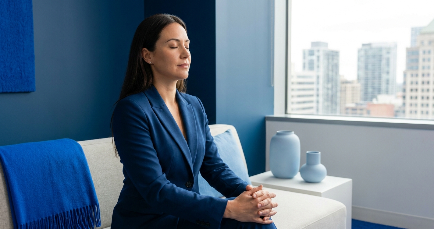 Mulher executiva em pausa consciente no escritório, praticando meditação rápida para reduzir o estresse no trabalho