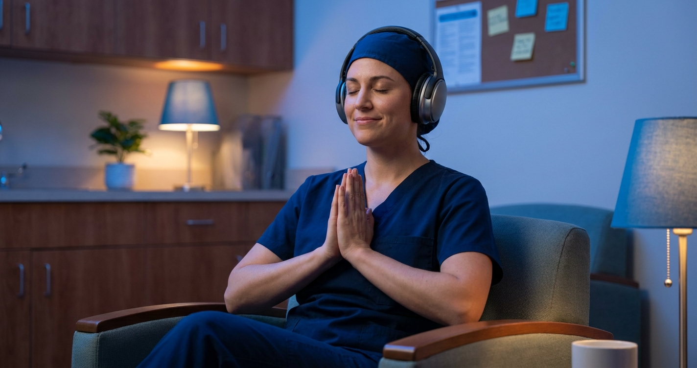 Profissional da saúde em pausa consciente durante o plantão — meditação e bem-estar integral