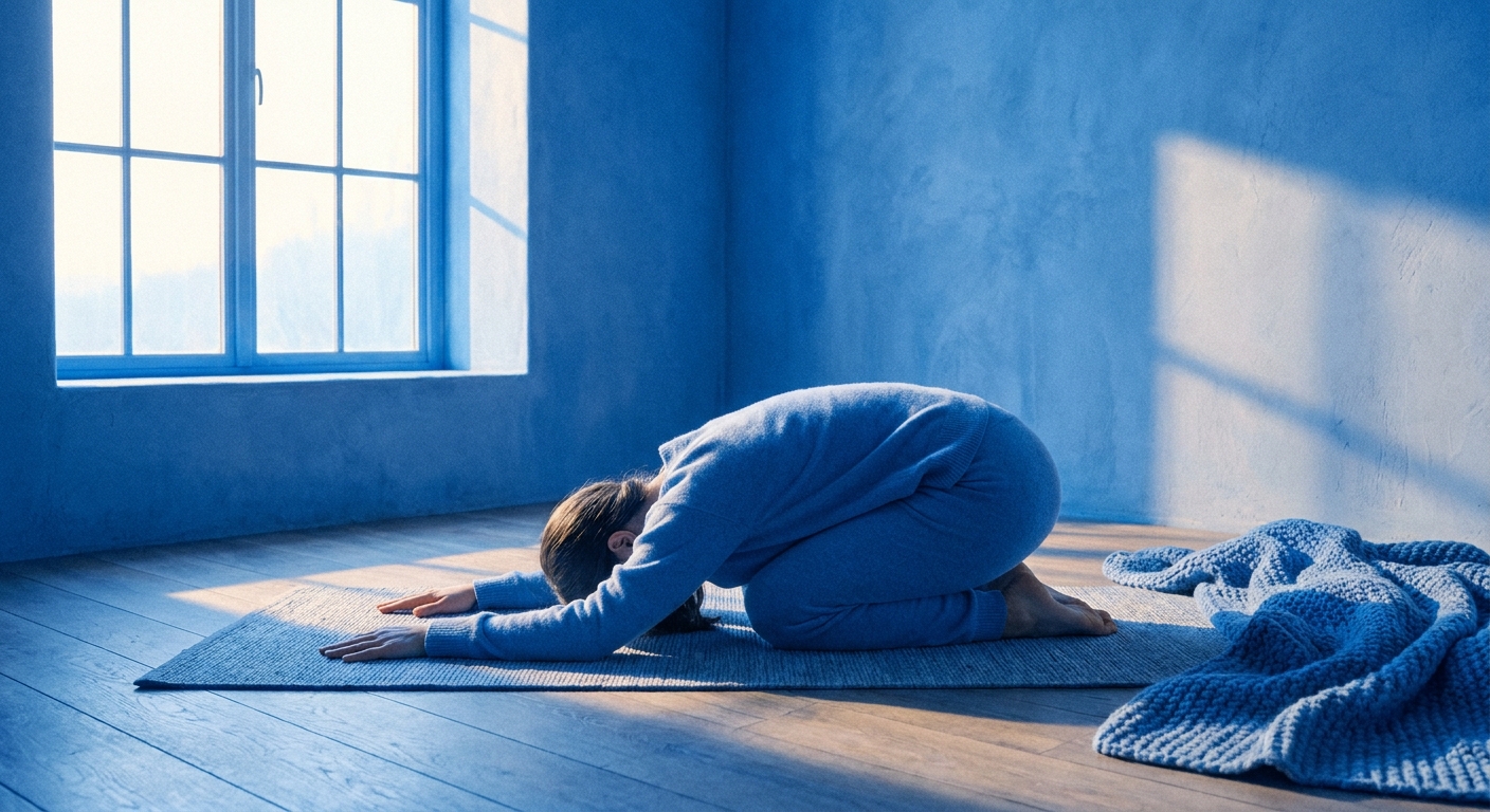 Mulher em postura da criança (Balasana) em ambiente sereno com tons azuis, transmitindo acolhimento e reconstrução interior