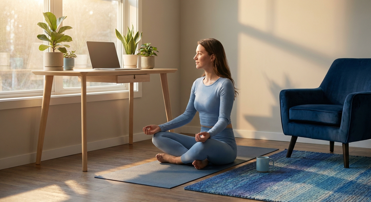 Empreendedora digital fazendo yoga matinal em home office ao amanhecer com luz natural