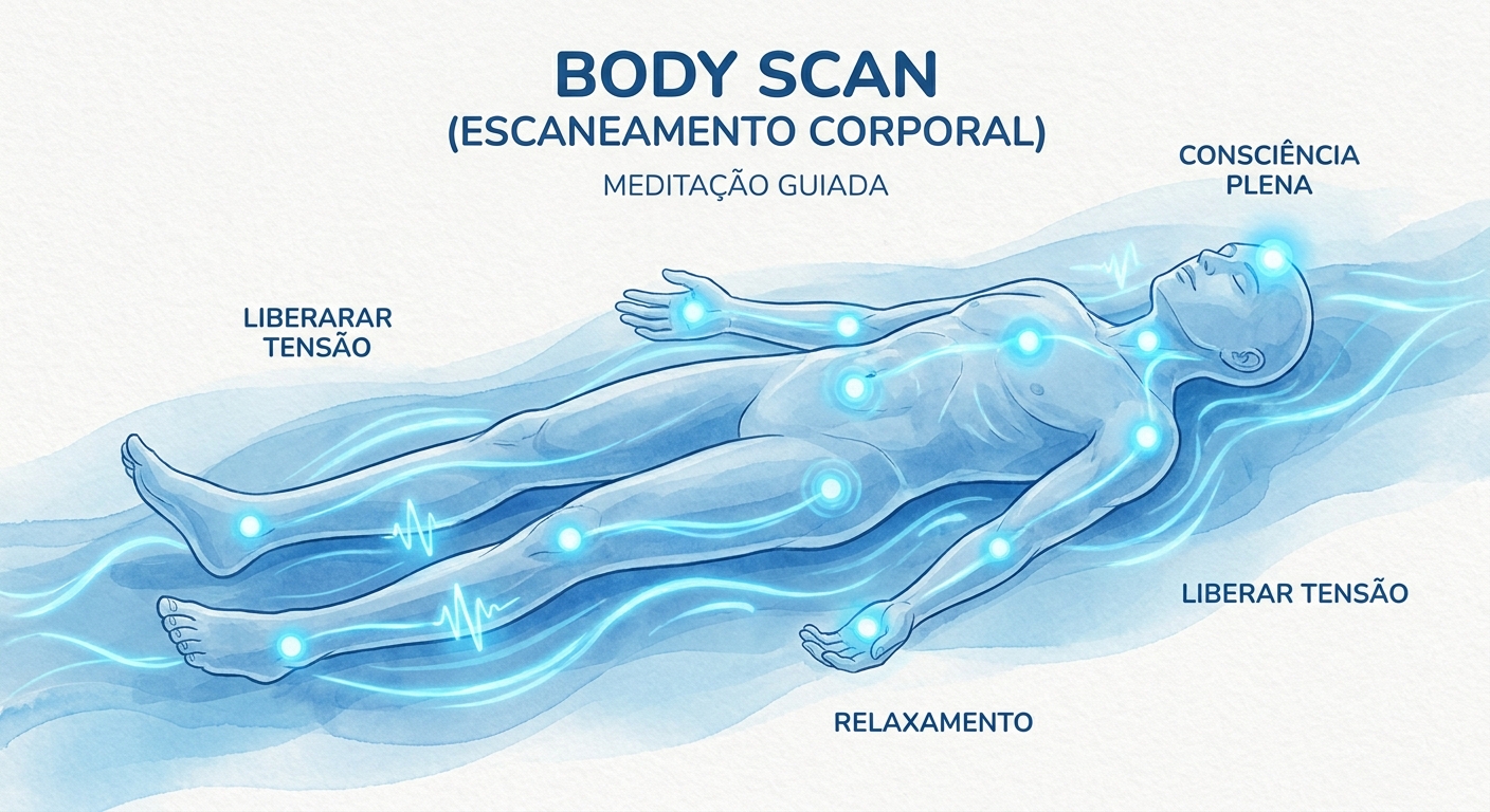 Ilustração do Body Scan — meditação guiada percorrendo cada parte do corpo