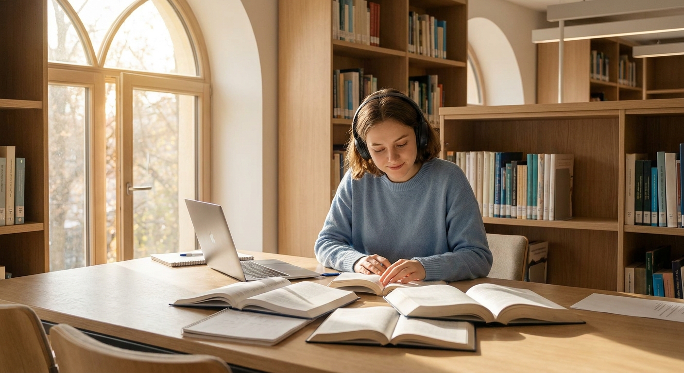 Jovem universitário estudando em biblioteca com luz natural, cercado por livros e cadernos, transmitindo calma e foco.