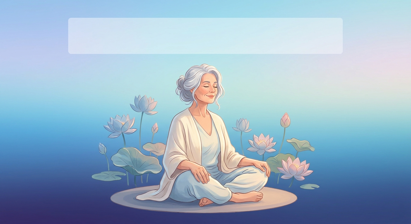 Mulher 50+ meditando em posição de lótus com fundo gradiente azul — frases de inspiração para mulheres 50+ menopausa — Vitalizen Yoga and Meditation
