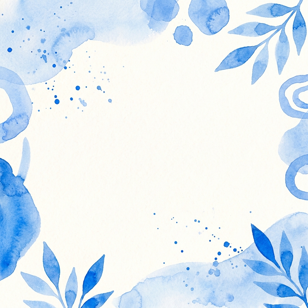 Card aquarela off-white com detalhes em azul para frase de paz e leveza, convidando à calma e respiração consciente