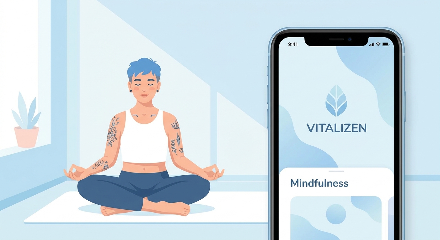Pessoa jovem praticando yoga em casa com o app Vitalizen ao lado