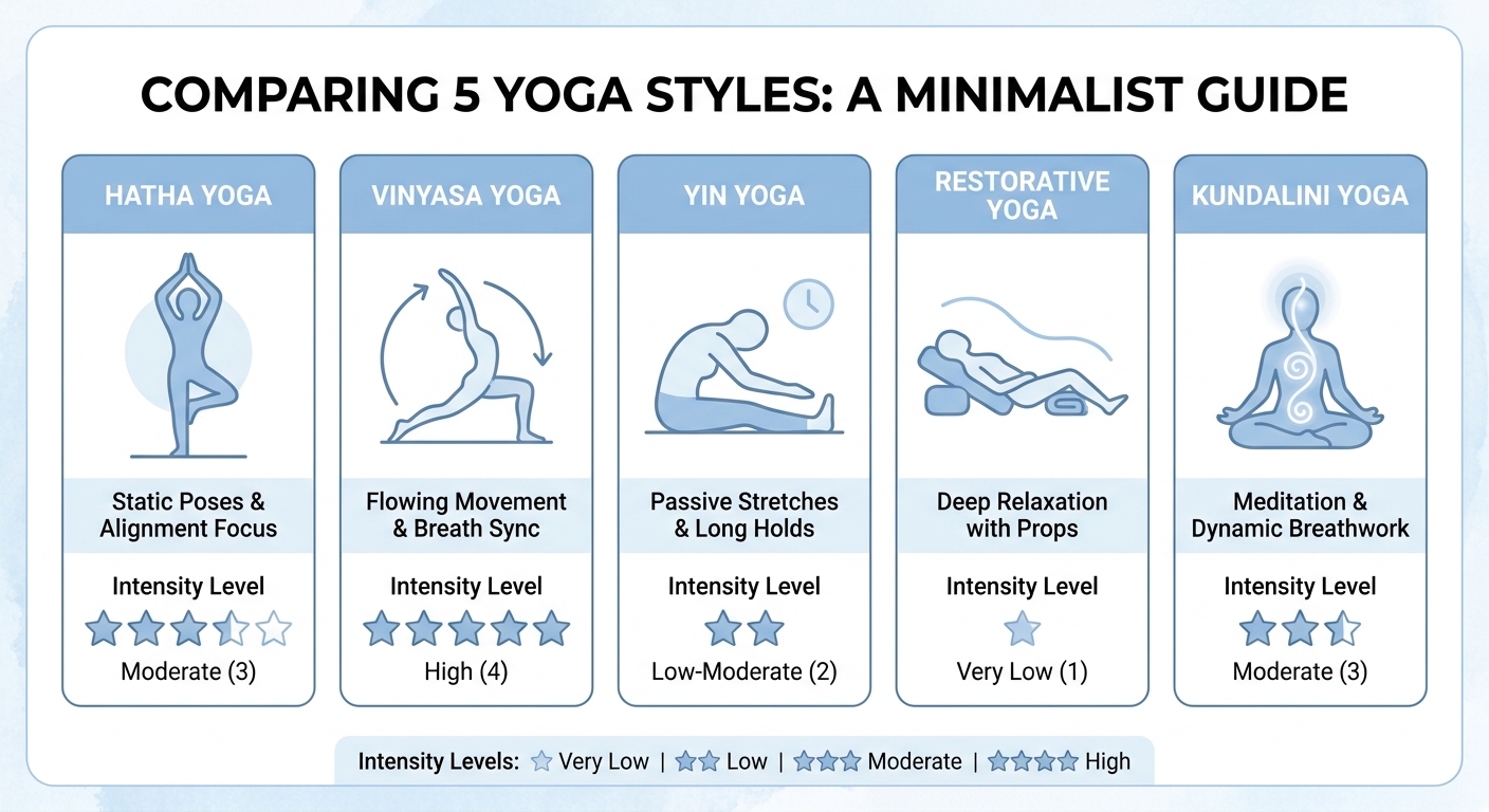 Infográfico comparativo com os 5 principais estilos de yoga para iniciantes: Hatha, Vinyasa, Yin, Restaurativa e Kundalini - escolha o melhor tipo de yoga para iniciantes
