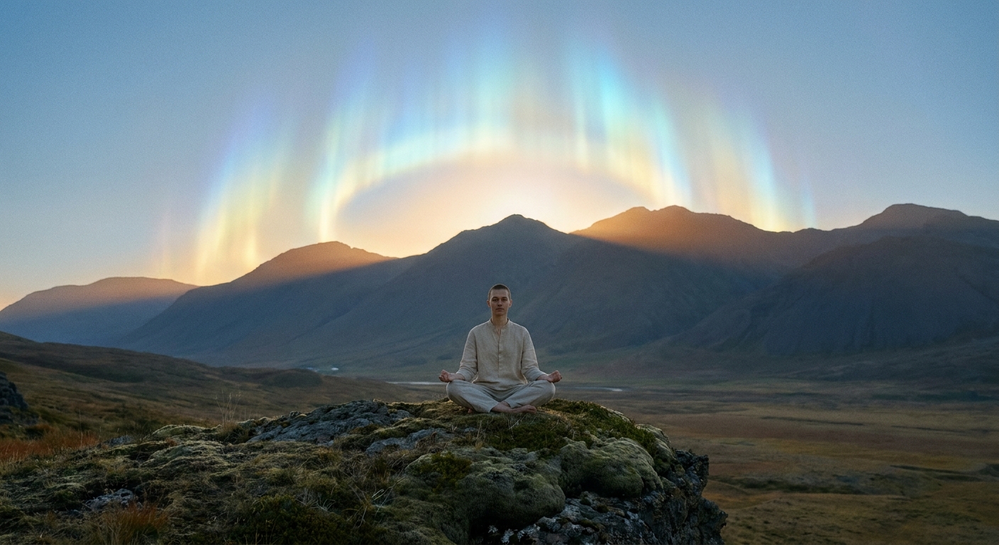 Pessoa meditando ao amanhecer na natureza simbolizando superação dos desafios espirituais e conexão com a comunidade de meditação Vitalizen