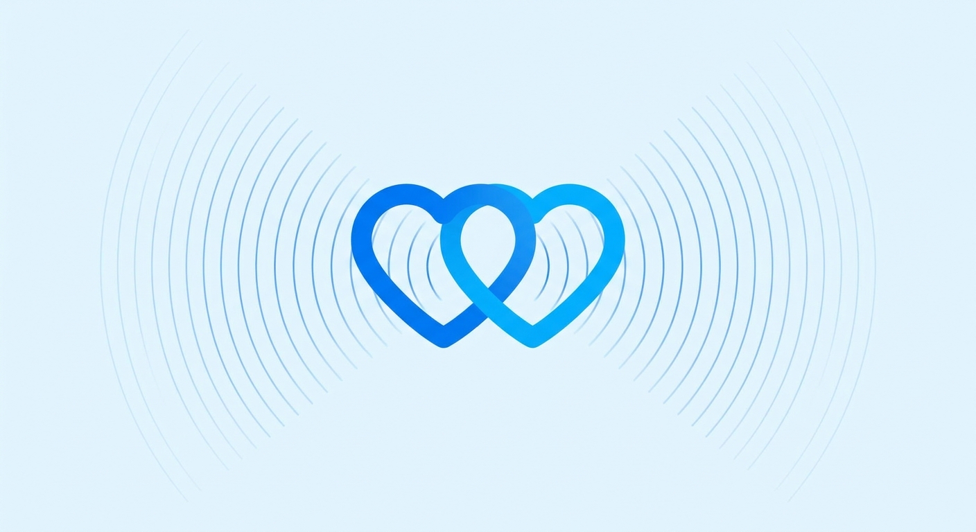 Ilustração de dois corações entrelaçados com ondas de frequência simbolizando a conexão emocional entre casais na meditação