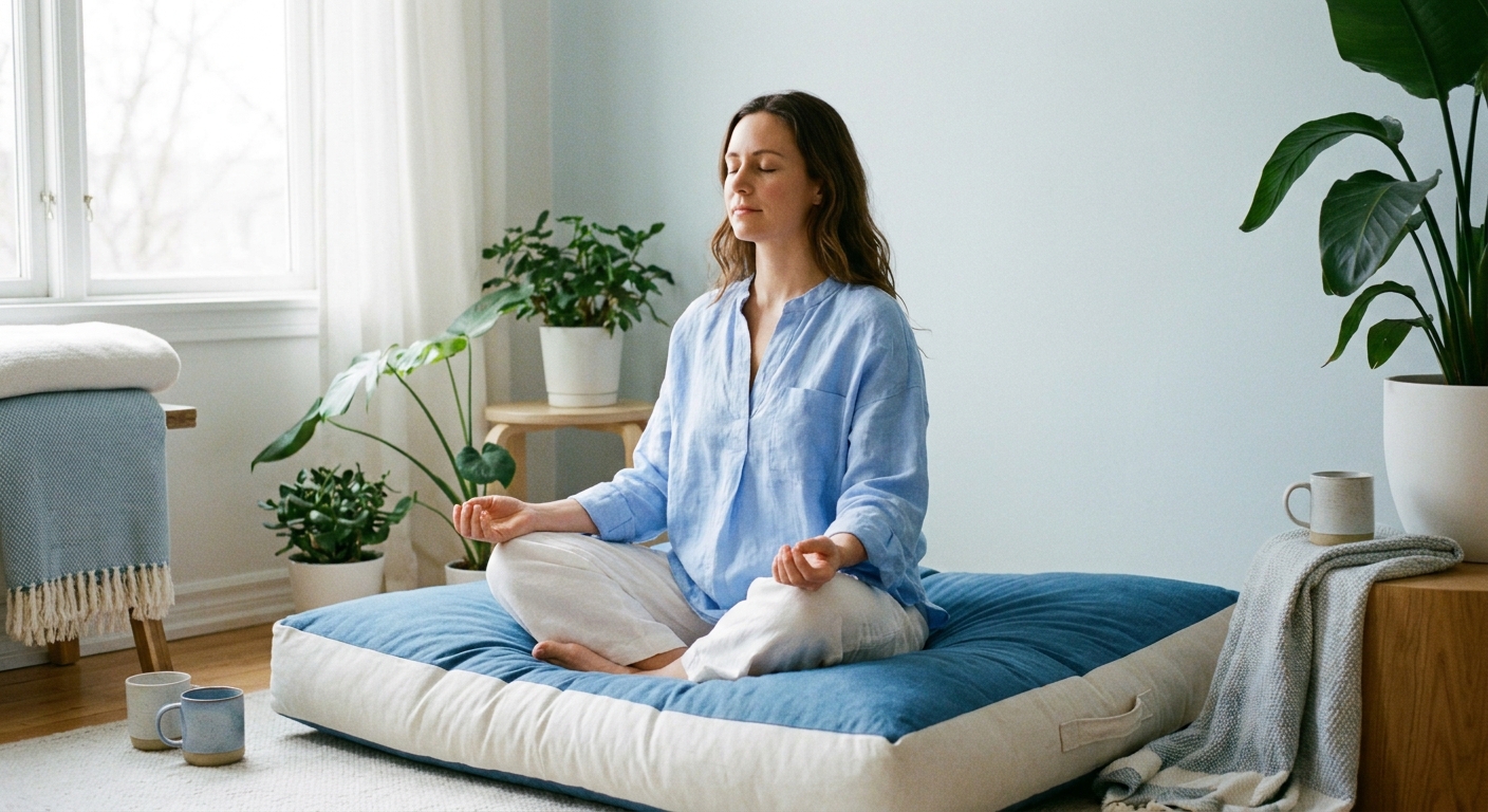 Mulher praticando respiração consciente para aliviar crise de ansiedade — Vitalizen Yoga e Meditação