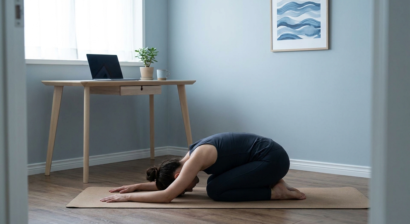 Pessoa em pose de yoga restaurativa em home office com luz natural - 5 Desafios da Comunidade Vitalizen para Recuperar sua Energia e Equilíbrio Emocional