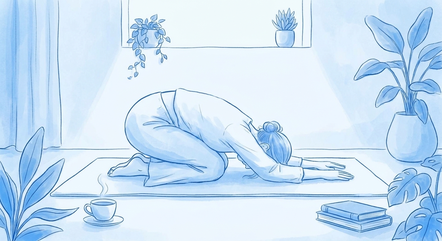 Dicionário do Yoga para Dor Crônica — postura da criança (Balasana) em ambiente calmo e acolhedor