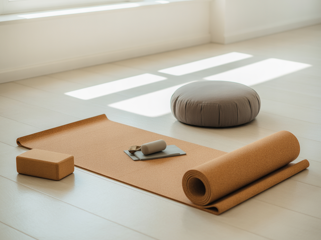 A collection of Vitalizen's eco-friendly yoga gear, including cork mats and meditation cushions.