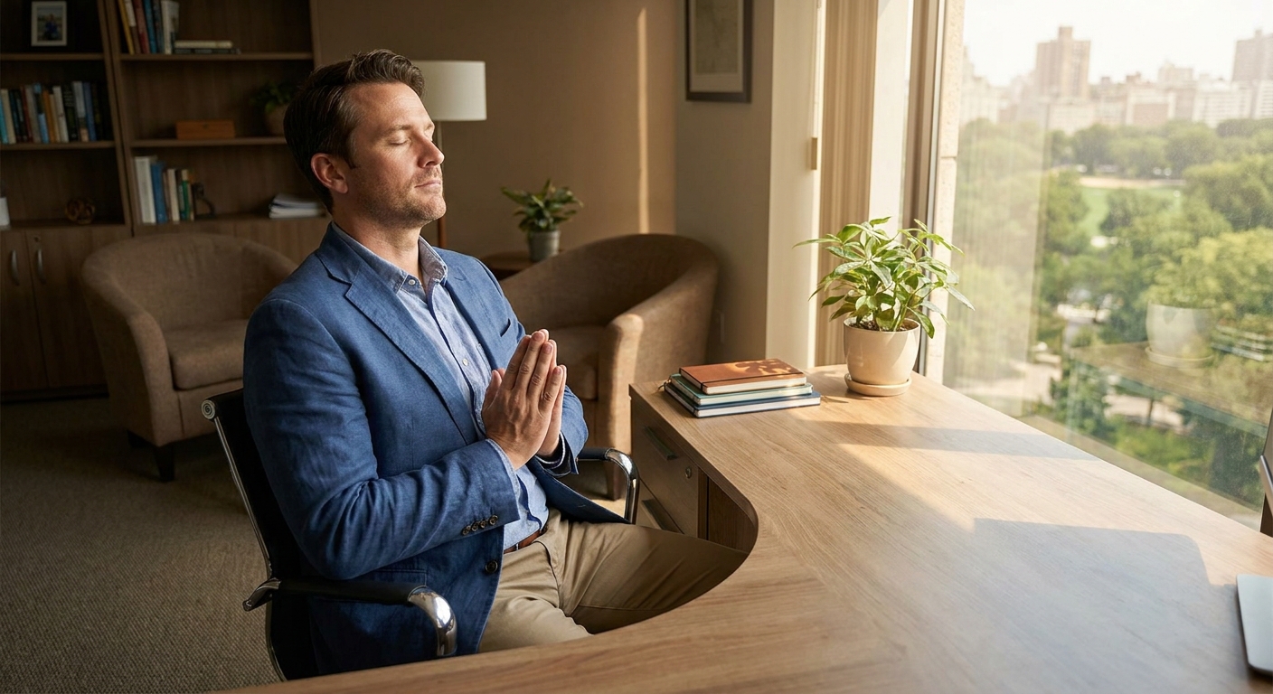 Executivo meditando no escritório em meio à rotina de trabalho, encontrando paz interior e equilíbrio emocional - Vitalizen Yoga and Meditation