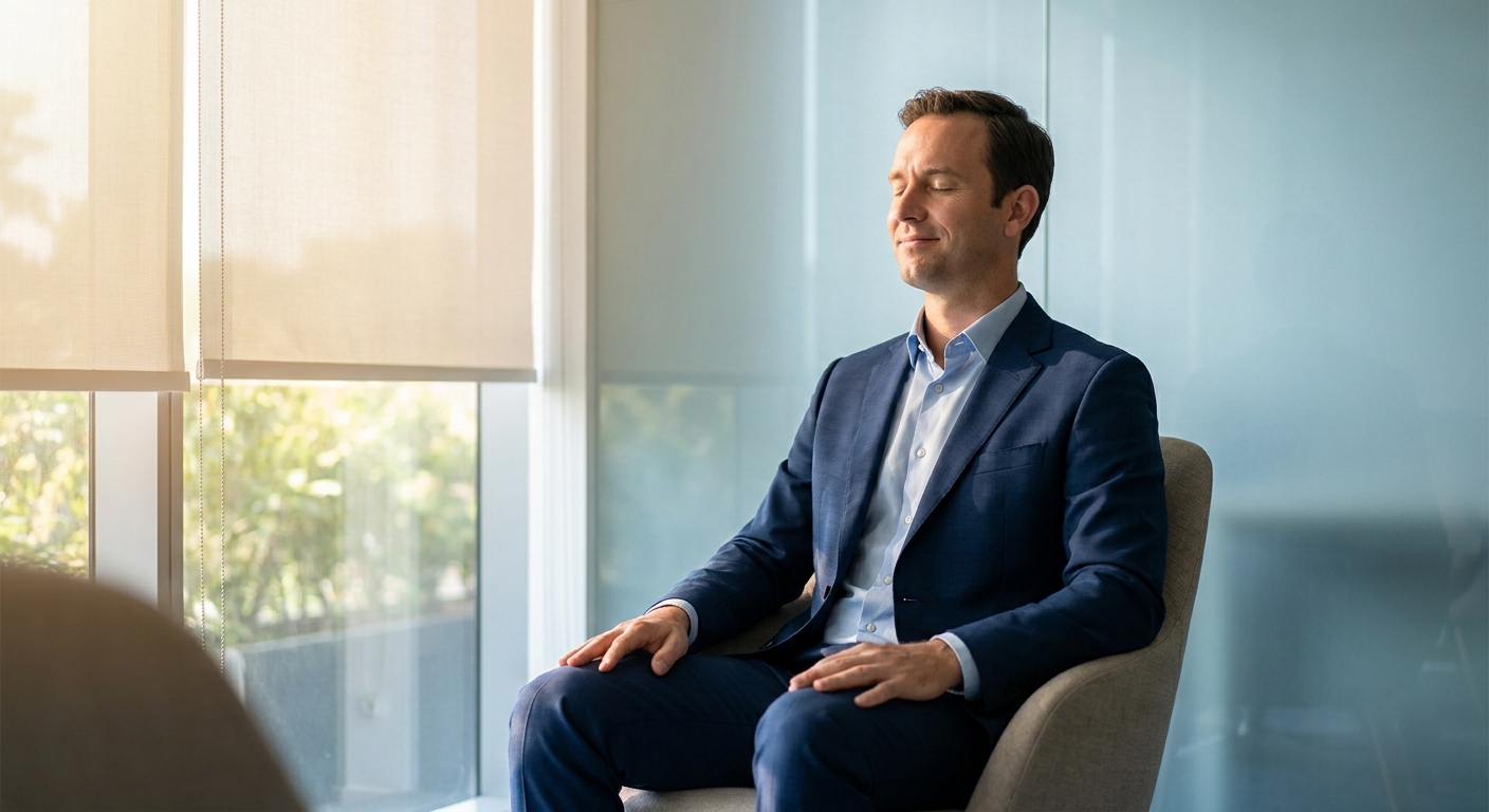 Executivo em pausa consciente praticando meditação e mindfulness para burnout no ambiente corporativo