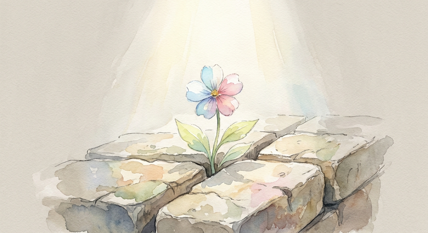 Ilustração suave de flor crescendo entre pedras simbolizando recomeço e resiliência — frases de inspiração para cura emocional