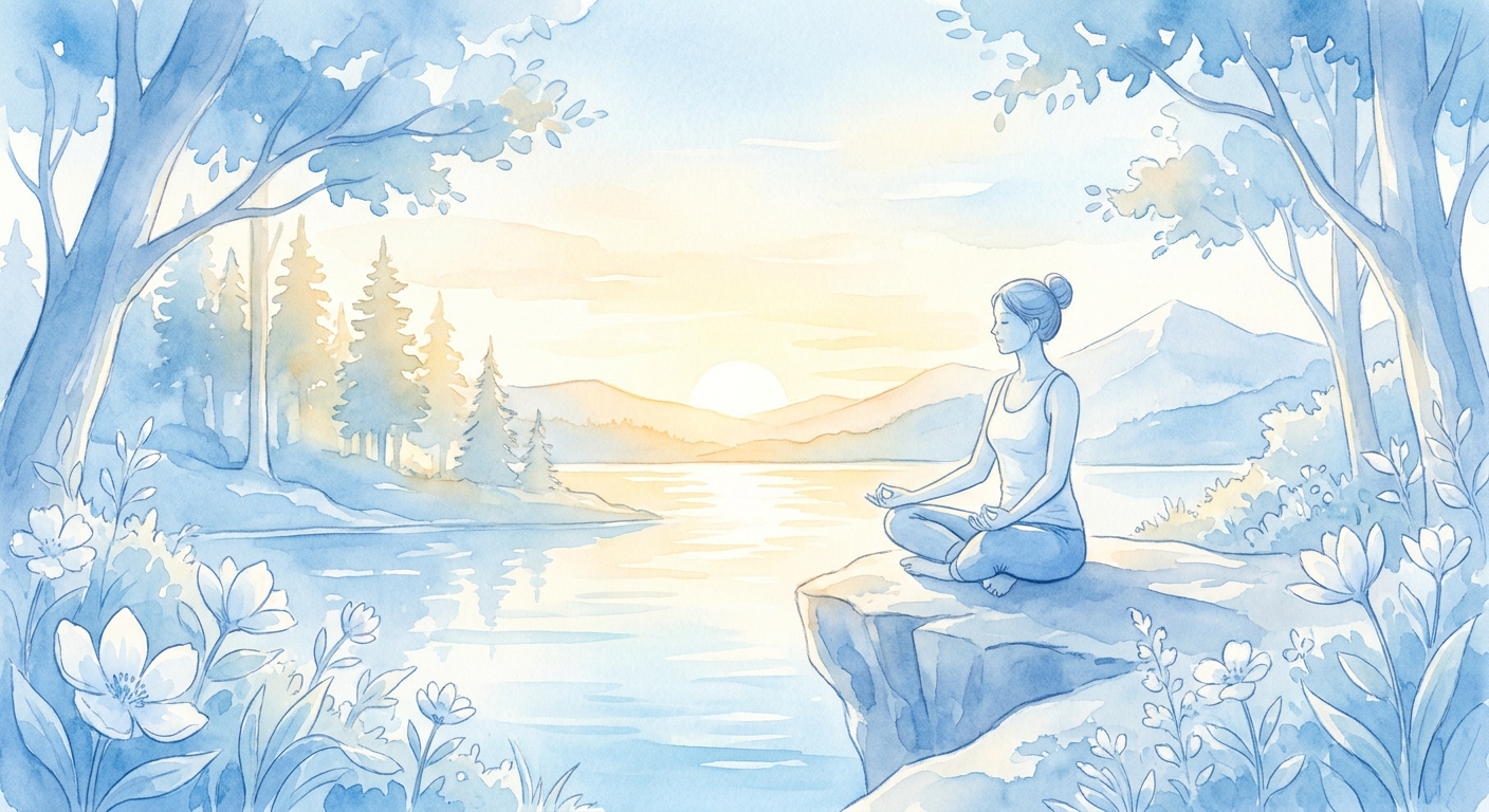 Mulher meditando ao amanhecer em meio à natureza, ilustração suave em tons de azul pastel e branco representando paz interior e frases de inspiração para reabilitação emocional