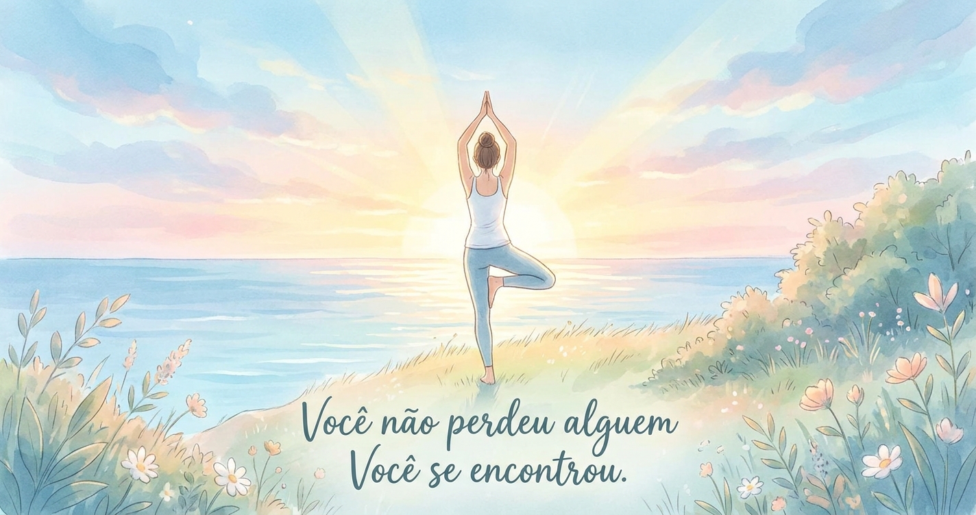 Mulher praticando yoga ao ar livre ao entardecer — frase de inspiração para superar término