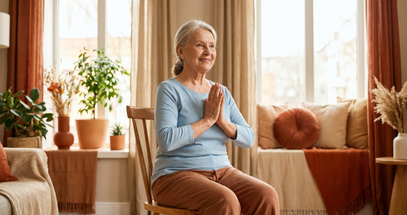 Idosa praticando yoga na cadeira com sorriso, representando bem-estar na terceira idade