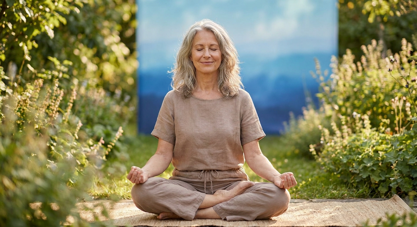 Mulher madura meditando ao ar livre - frases de inspiração para menopausa com yoga e autocuidado