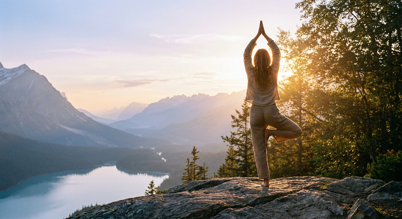 Pessoa praticando yoga ao amanhecer com luz dourada, representando recomeço e cura emocional após um término