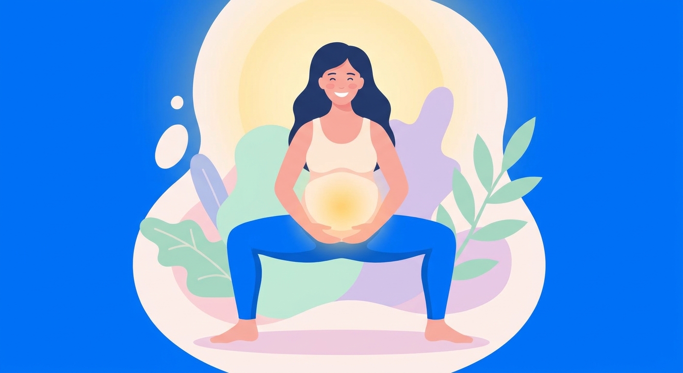 Mulher grávida sorrindo na postura de lótus com a mão na barriga — yoga para gestantes