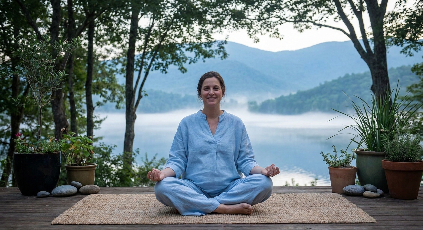Gestante praticando yoga e meditação com o Vitalizen App em 2026
