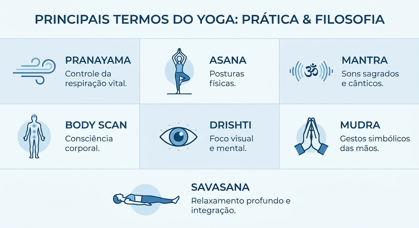 Infográfico com os principais termos de yoga: Asana, Pranayama, Body Scan, Savasana, Drishti, Mudra, Mantra