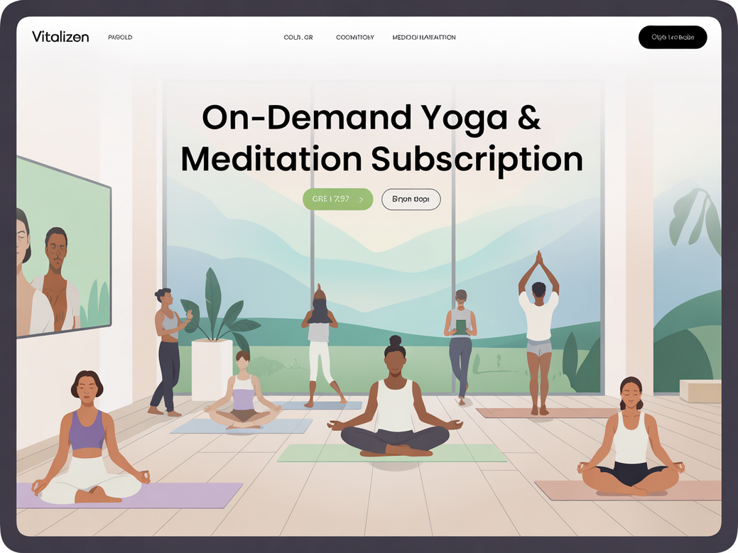 A diverse group of people practicing yoga and meditation in a bright, modern space, illustrating the concept of an On-Demand Yoga & Meditation Subscription with Vitalizen.