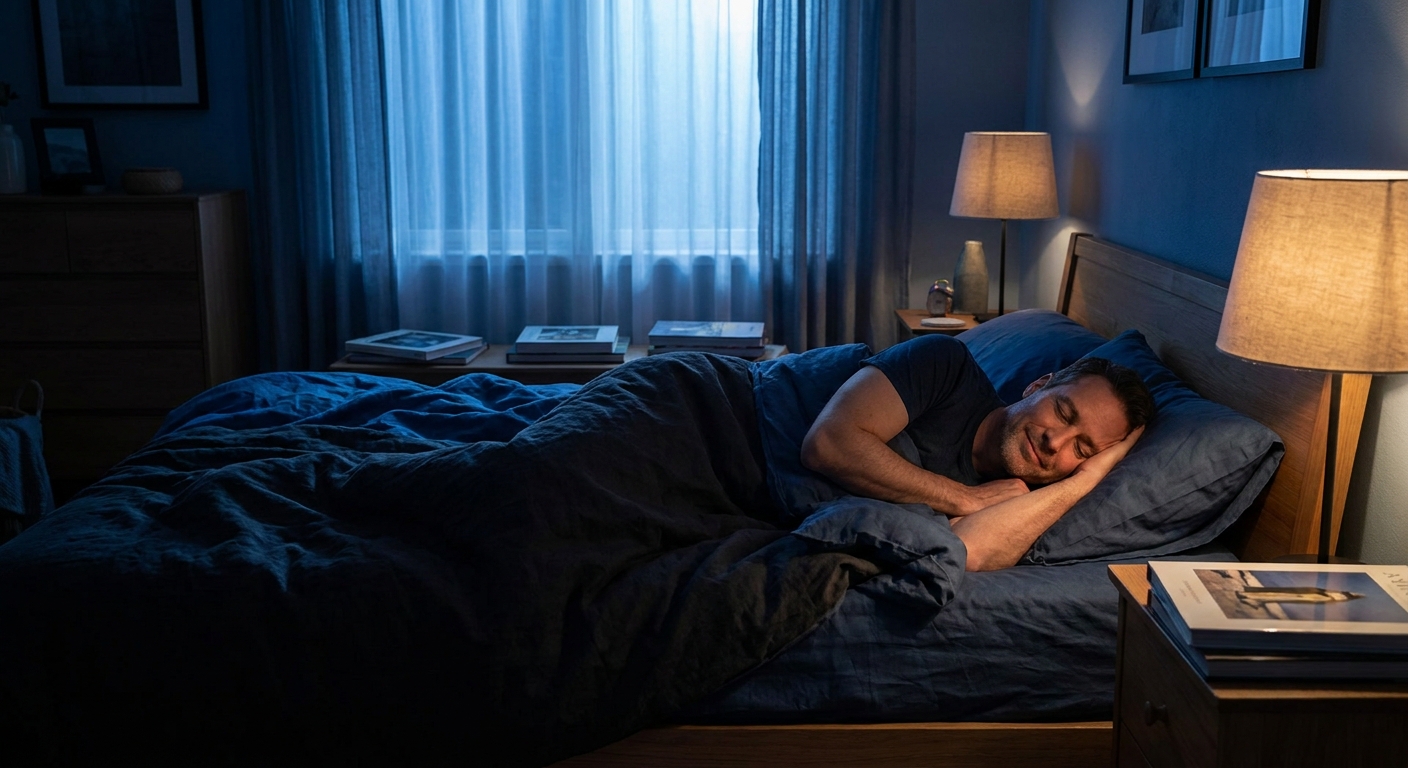Homem deitado na cama em ambiente noturno sereno com luz suave da lua, representando uma atmosfera tranquila para dormir melhor.