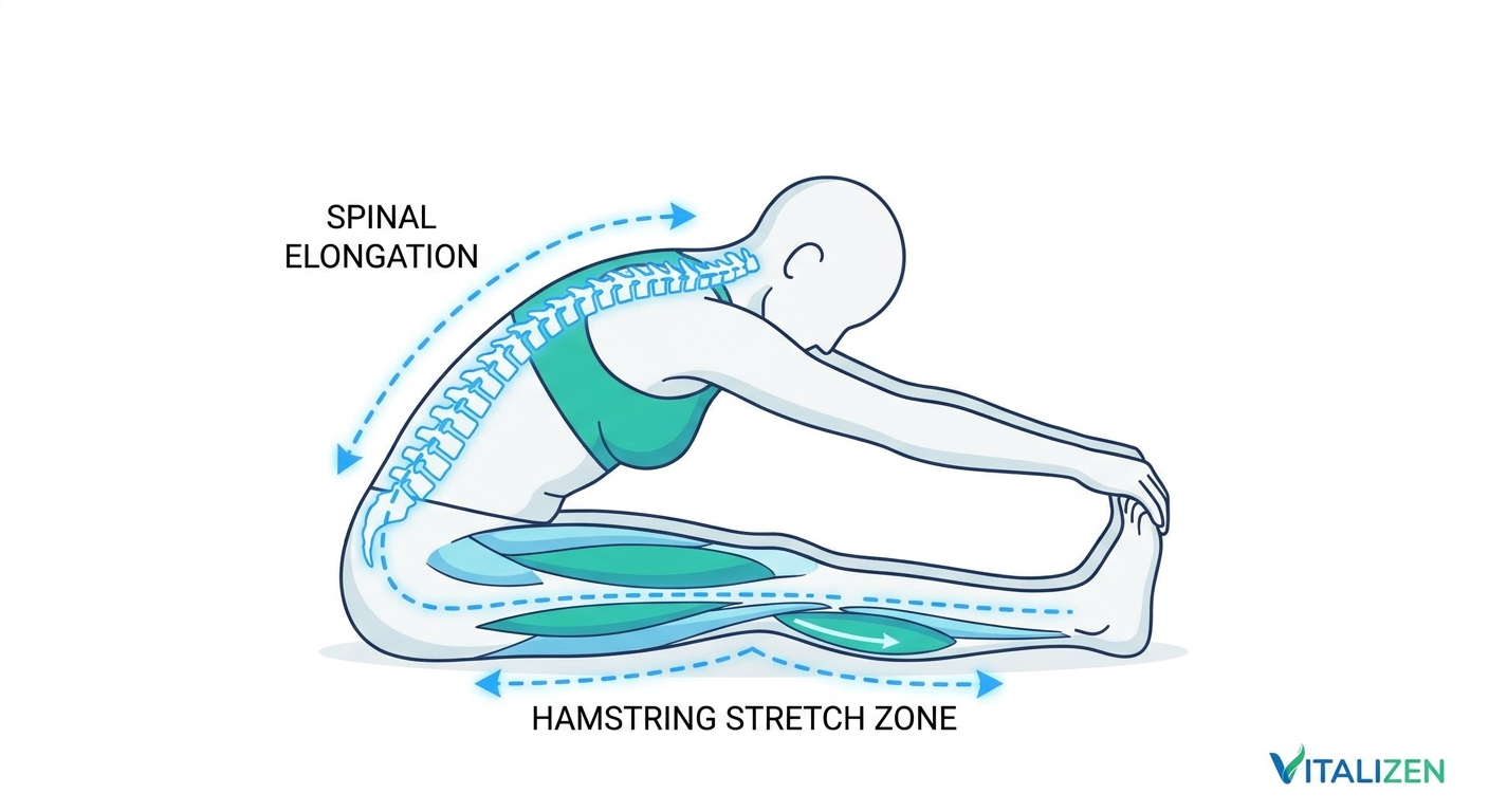 Ilustração de postura de yoga para alongamento profundo com setas indicando regiões de alongamento muscular - yoga relaxamento muscular atleta