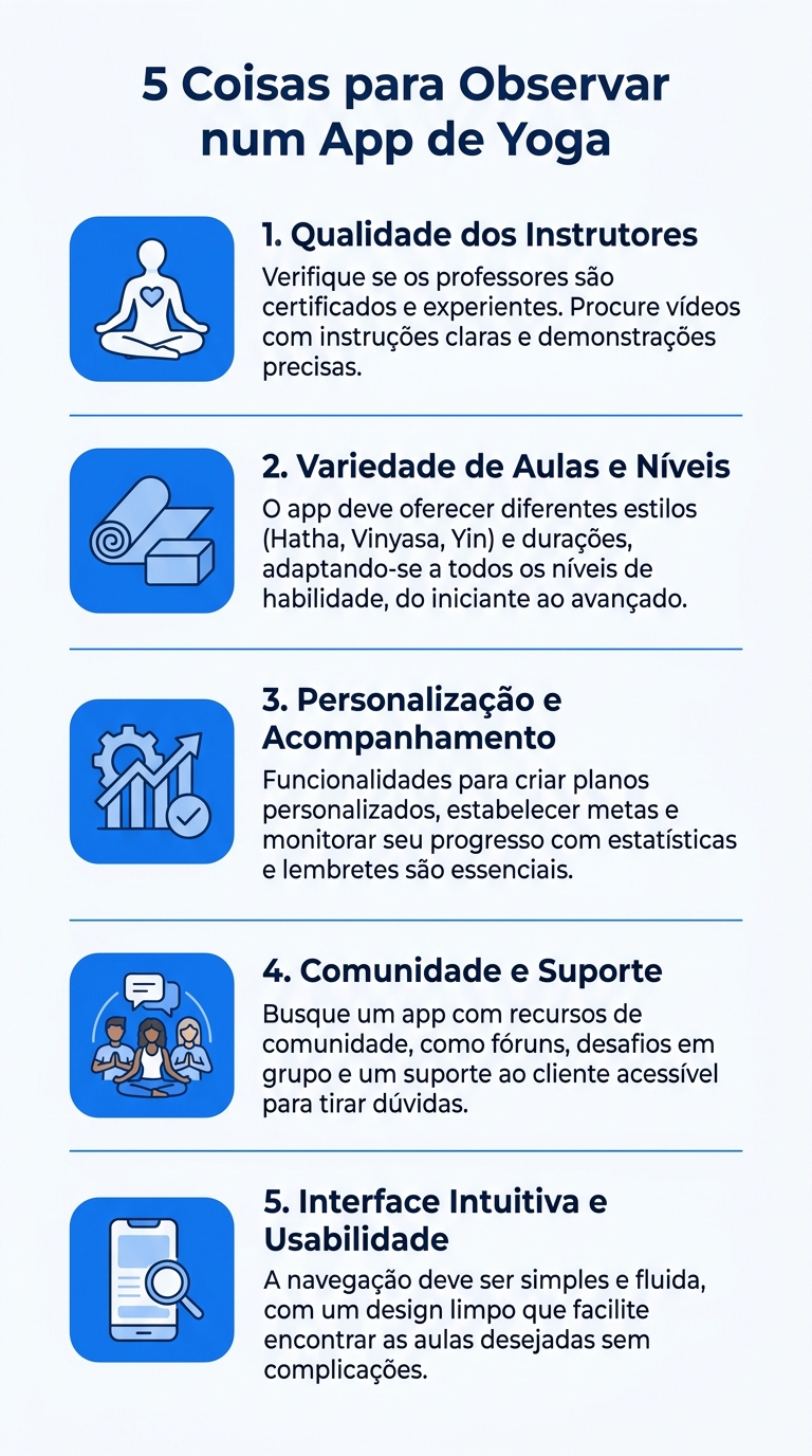 Infográfico: 5 coisinhas para observar num app de yoga — duração, níveis, variedade, instrutores, preço