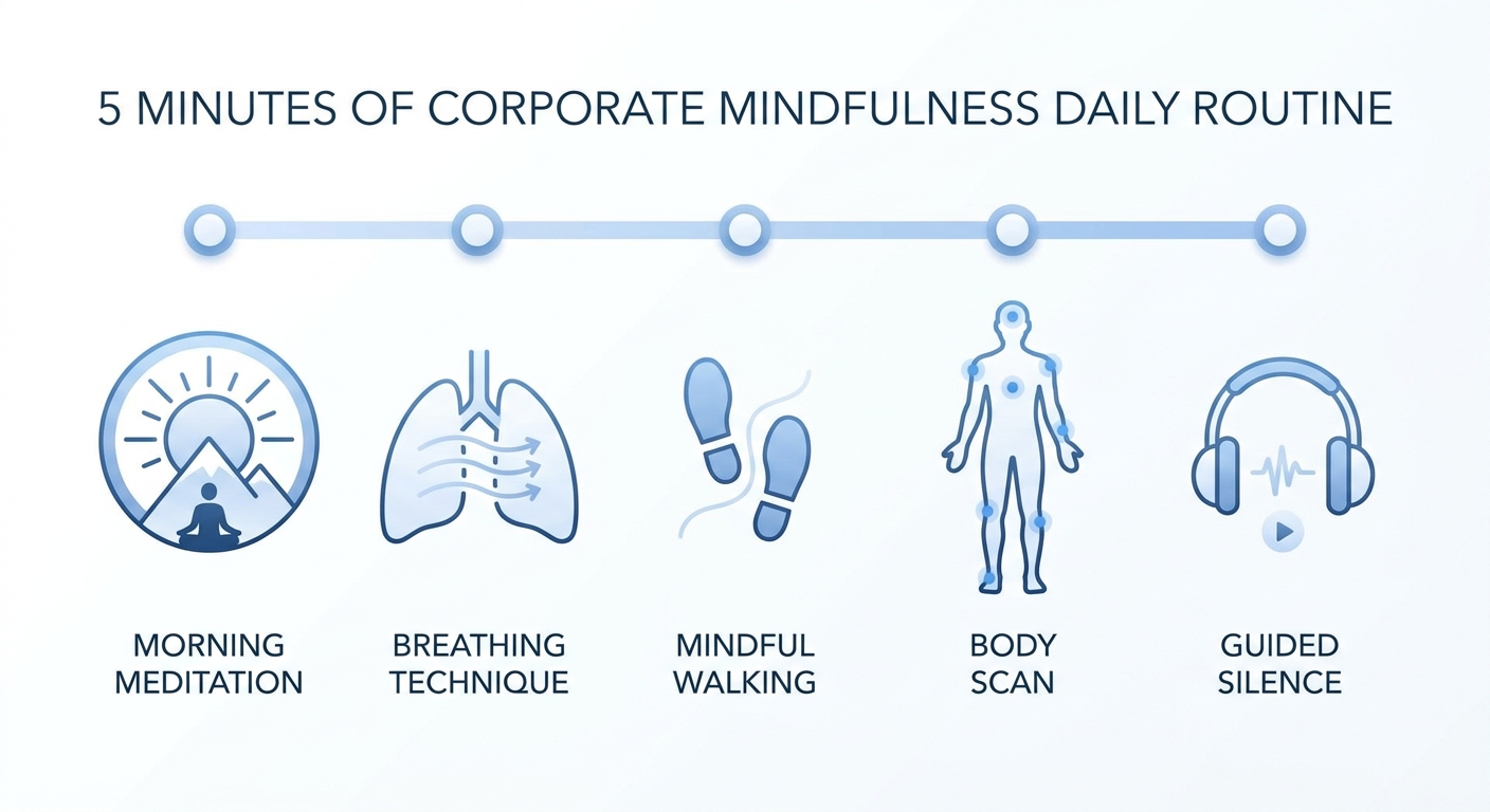 Infográfico com 5 dicas de mindfulness para o dia a dia corporativo - meditação para executivos com burnout
