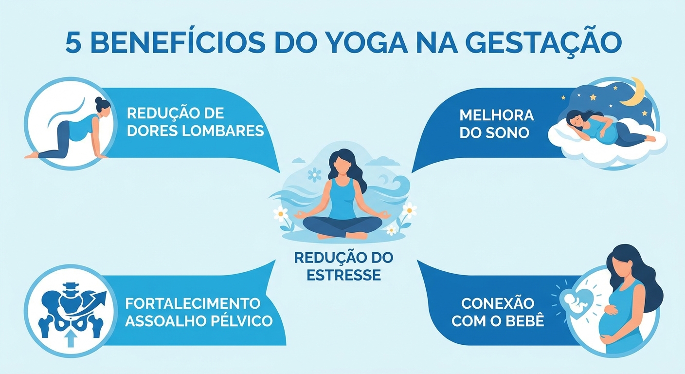 Infográfico com 5 benefícios do yoga na gestação: redução de dores, melhora do sono, redução do estresse, fortalecimento pélvico e conexão com o bebê