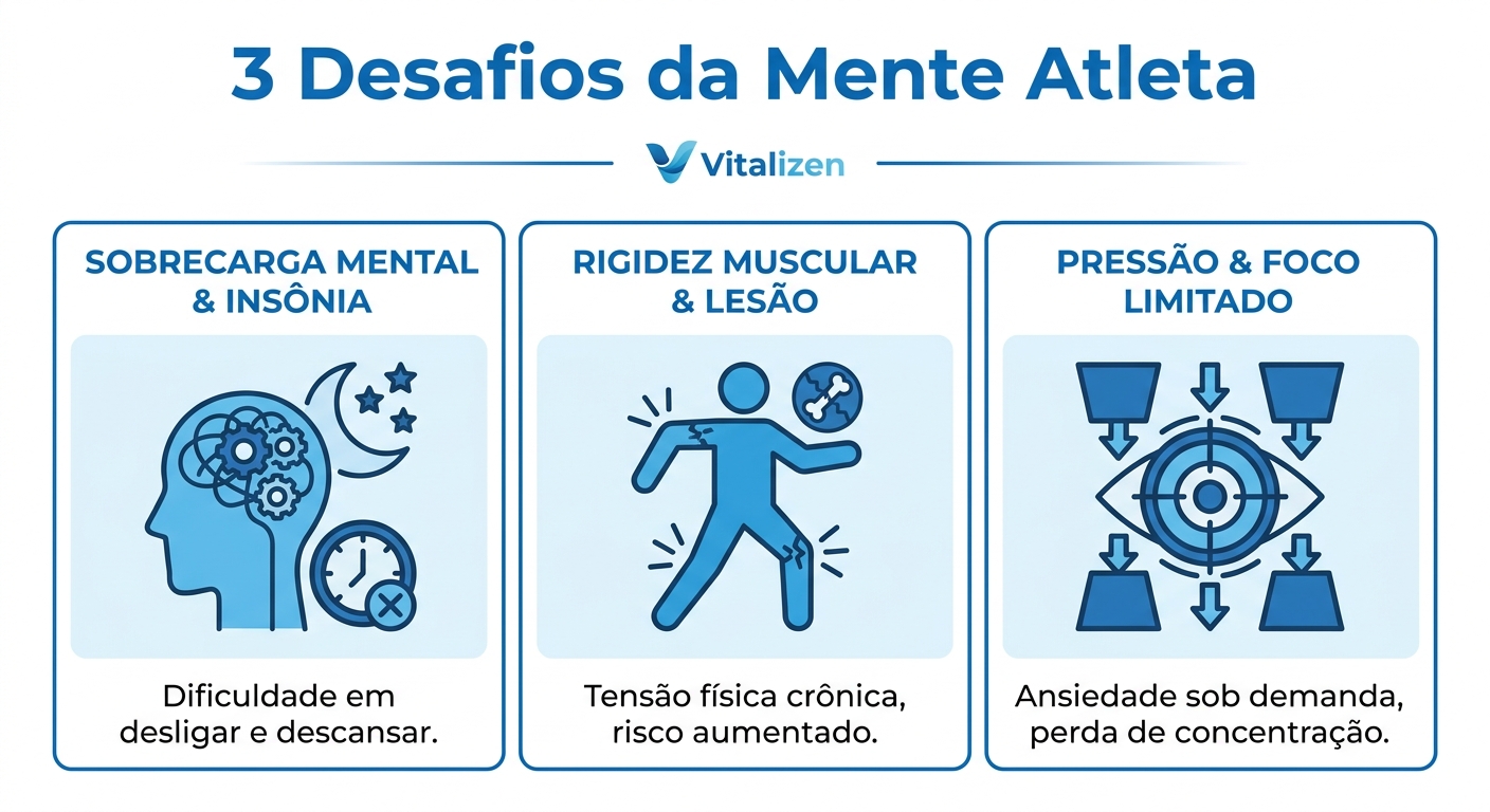 Infográfico com os 3 desafios da mente atleta: sobrecarga mental, rigidez muscular e dificuldade de foco - yoga para performance esportiva