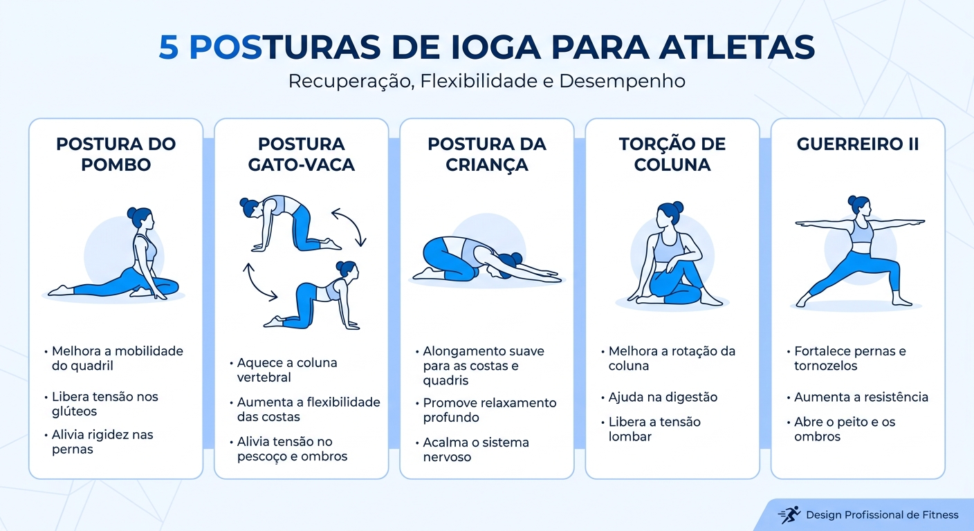 Infográfico com 5 posturas de yoga para atletas: Pombo, Gato-Vaca, Criança, Torção Espinal e Guerreiro II