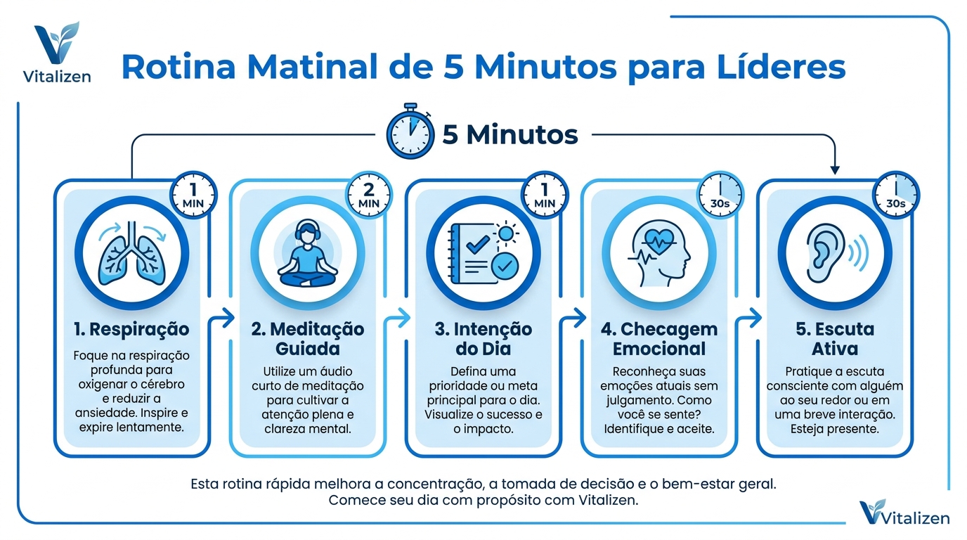 Infográfico Rotina Matinal de 5 Minutos para Líderes — respiração, meditação guiada, intenção do dia, checagem emocional e escuta ativa