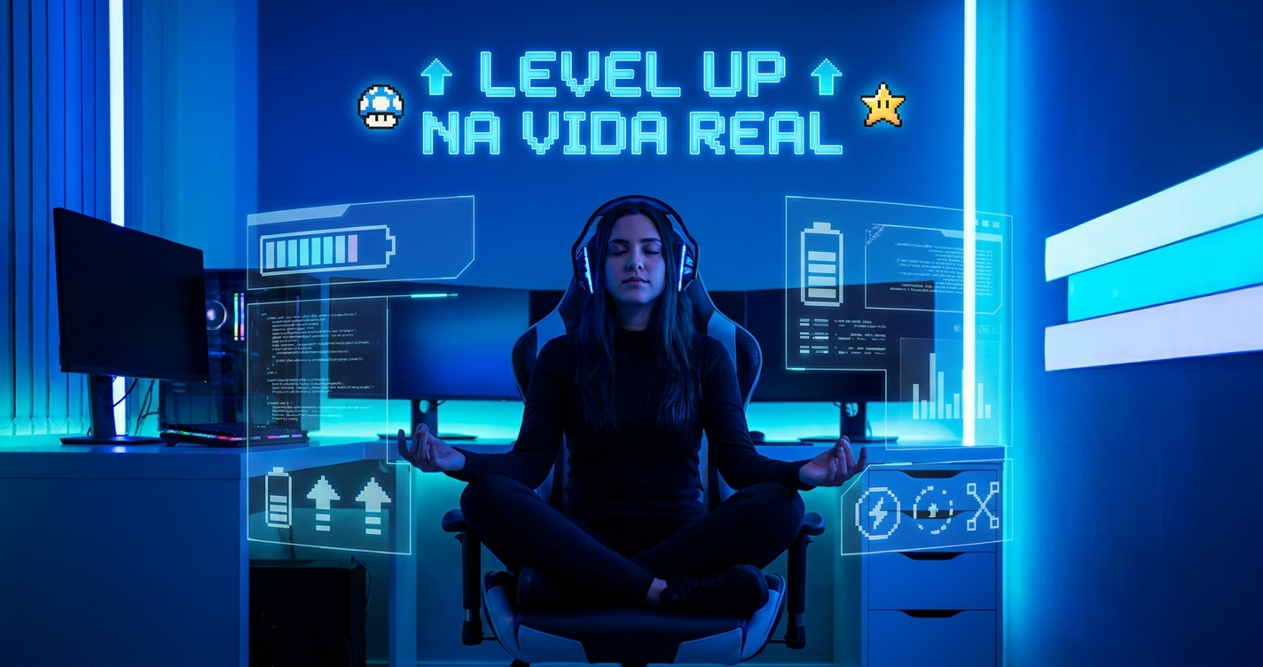 Jovem gamer meditando no setup com estilo cyberpunk neon azul - Frases de inspiração para gamers