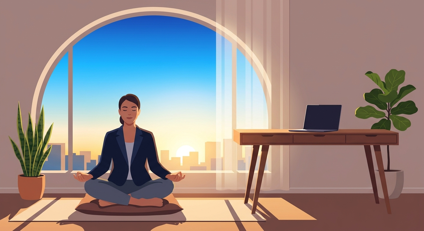 Líder executivo meditando ao amanhecer em home office com luz natural e tons azuis da Vitalizen