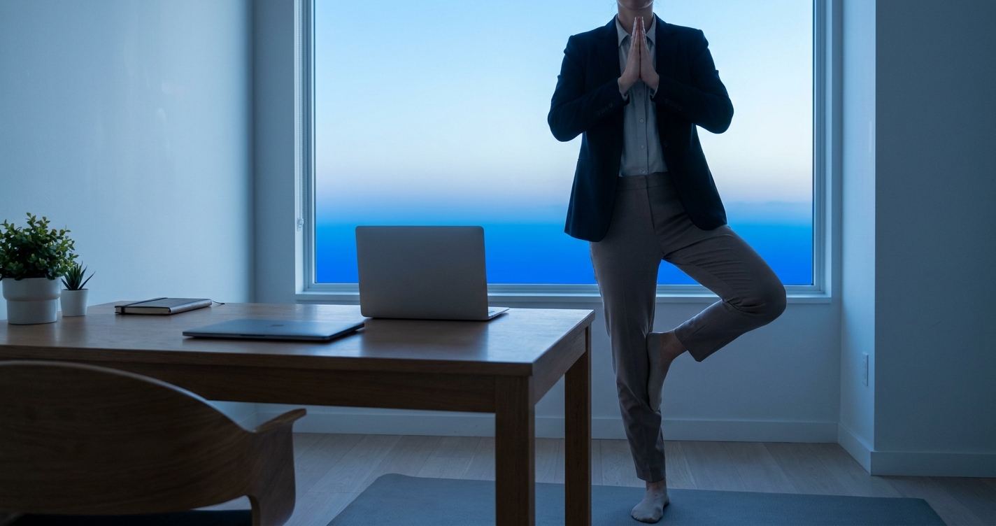 Líder praticando postura de yoga para líderes, regulação emocional e empatia