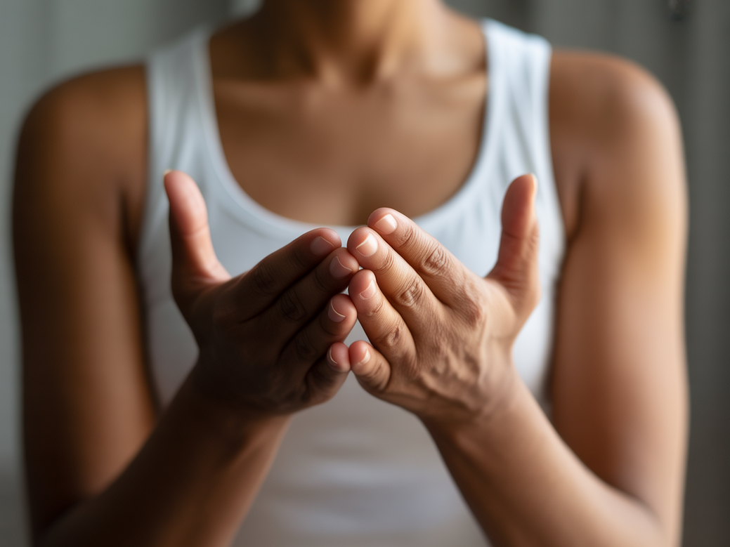 Close de mãos de gestante na barriga enquanto pratica meditação para o parto