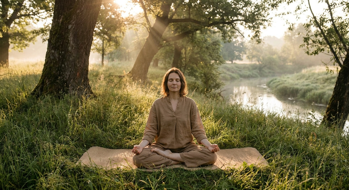 Pessoa meditando ao ar livre com luz natural do amanhecer - frases de inspiração yoga e meditação