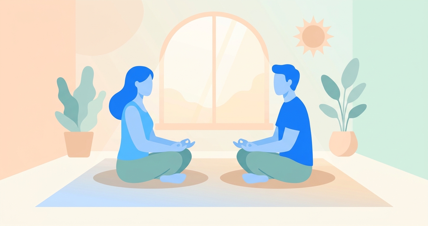 Casal meditando sentado um de frente para o outro em ambiente calmo com tons azuis suaves e luz natural