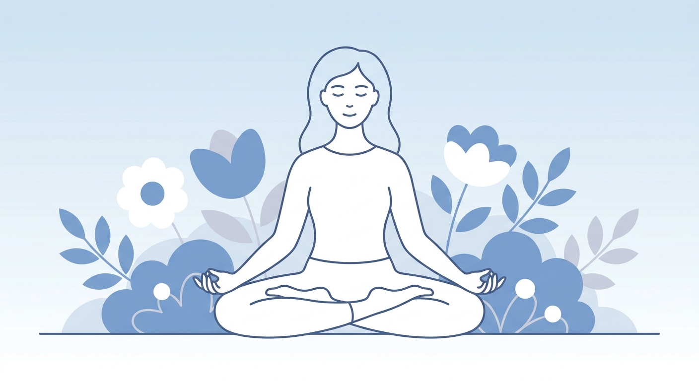 Ilustração minimalista de uma pessoa meditando na posição de lótus, com elementos florais ao redor, transmitindo paz e bem-estar emocional.
