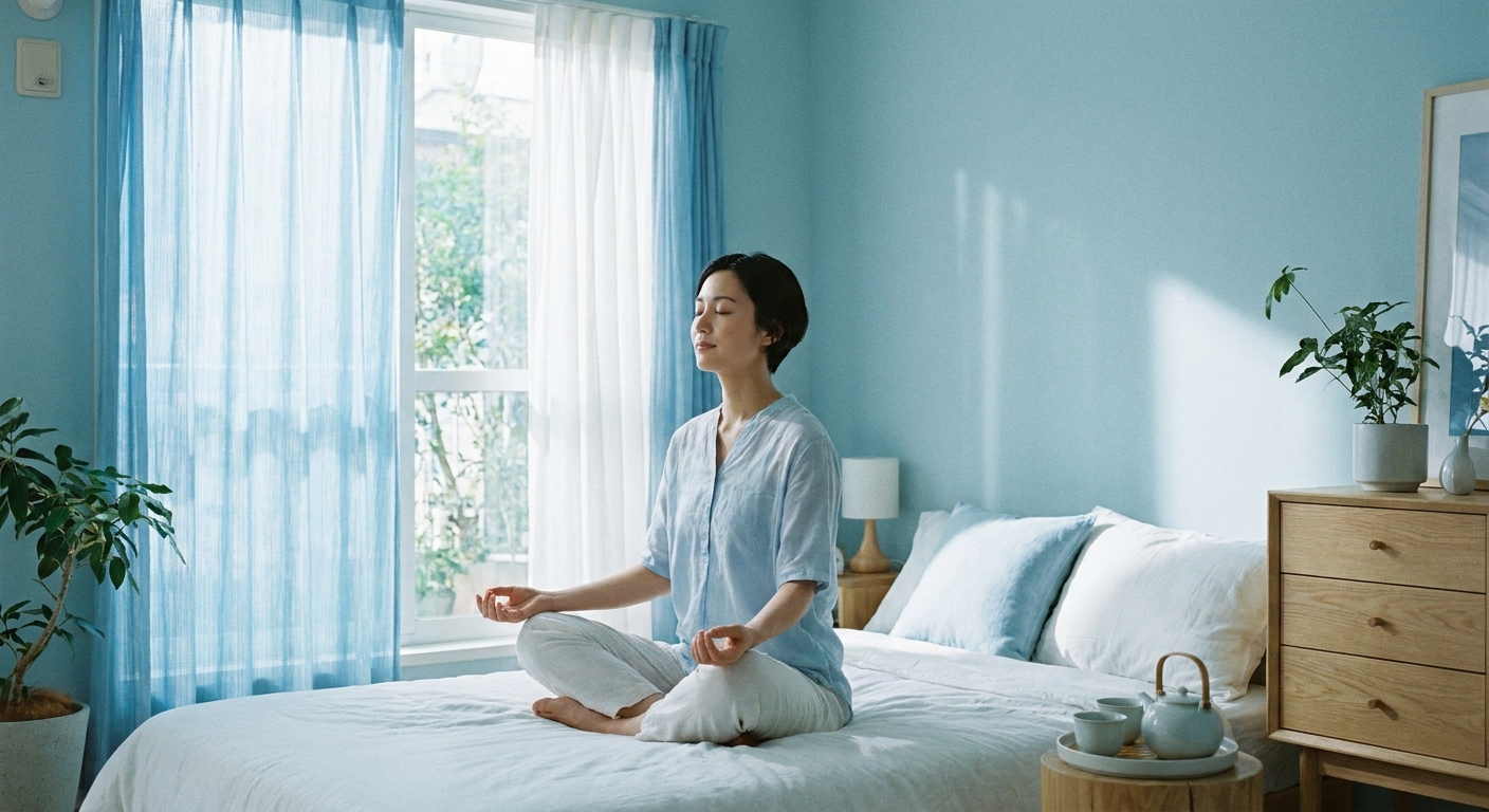 Pessoa meditando em ambiente calmo e acolhedor - Vitalizen Yoga e Meditação