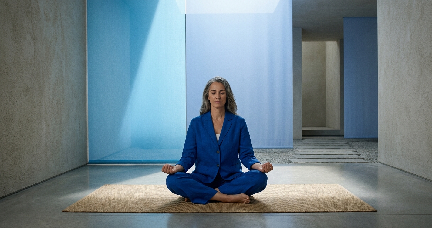 Pessoa meditando em ambiente calmo com tons azuis da marca Vitalizen, representando clareza e direção para transição de carreira