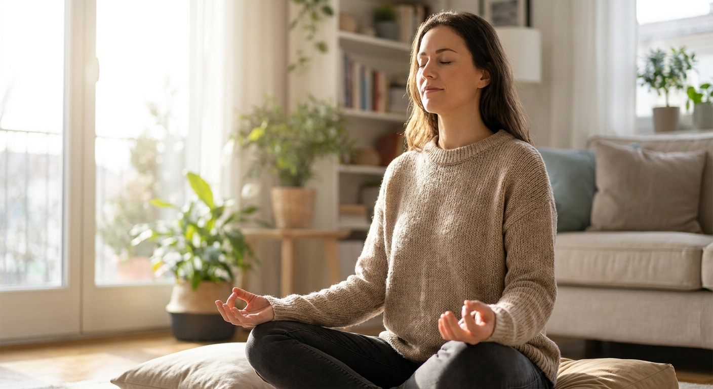 Woman doing breathing meditation with gyan mudra at home