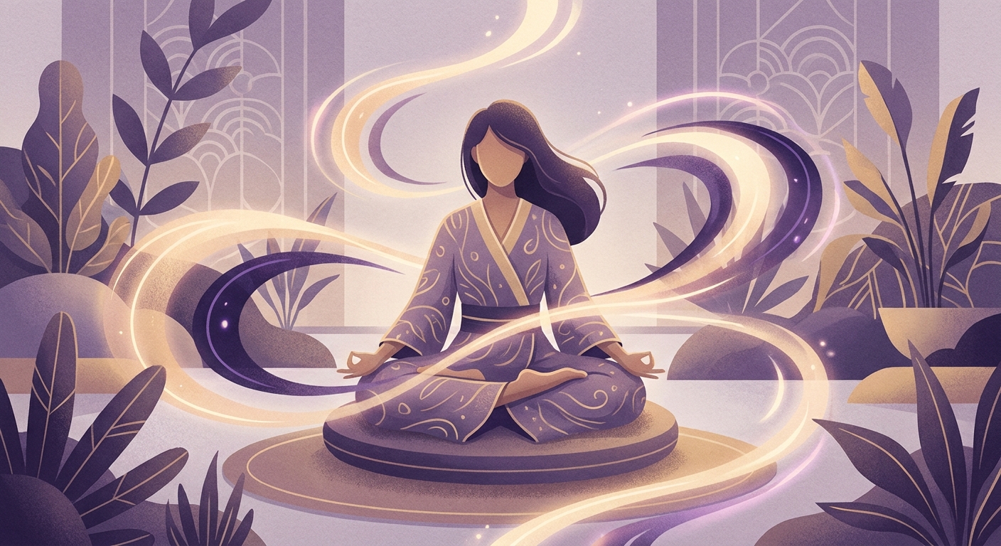 Person meditating with glowing energy, representing stress relief and mindfulness