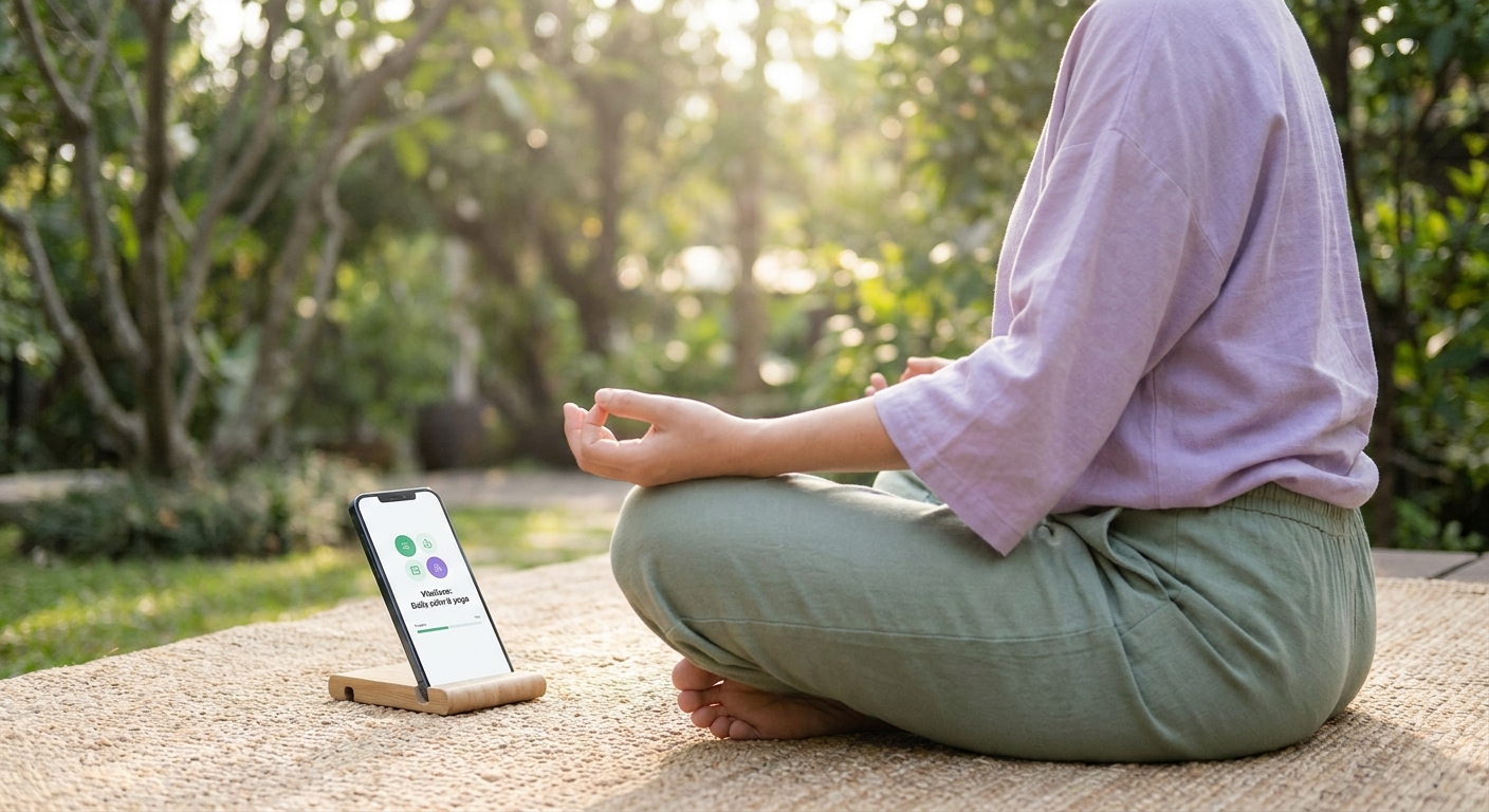 Pessoa meditando em meio à natureza com aplicativo Vitalizen de yoga e meditação