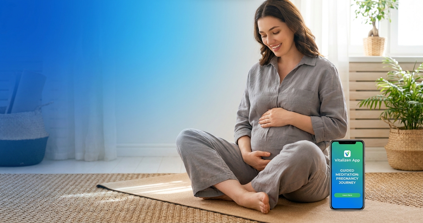 Melhor app yoga gestante 2026 - Vitalizen App com prática de meditação guiada para gestantes em fundo azul suave